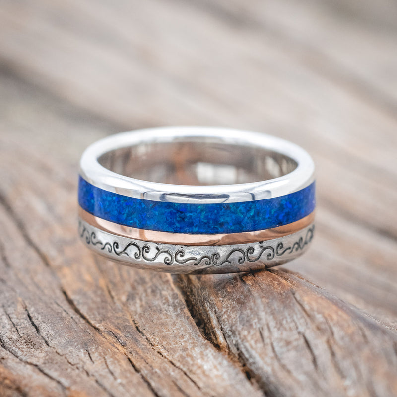 "TANNER" - CARIBBEAN OPAL & 14K GOLD INLAY WEDDING RING FEATURING A SCROLL ENGRAVING-Staghead Designs