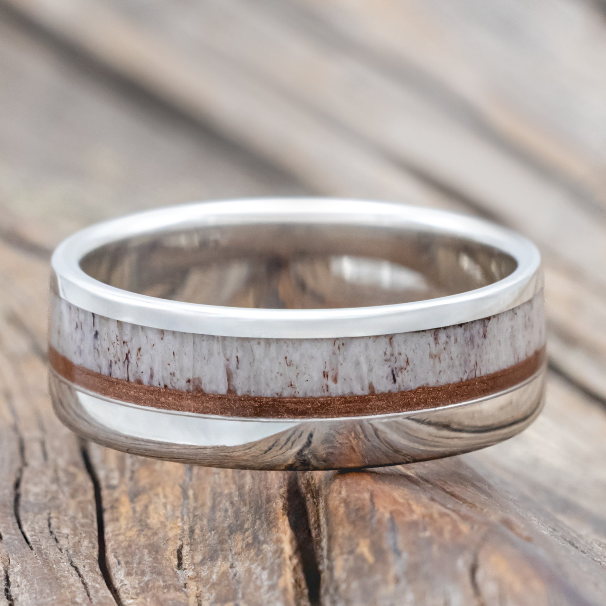 "Tanner" - Elk Antler & Powdered Copper Wedding Ring-Staghead Designs
