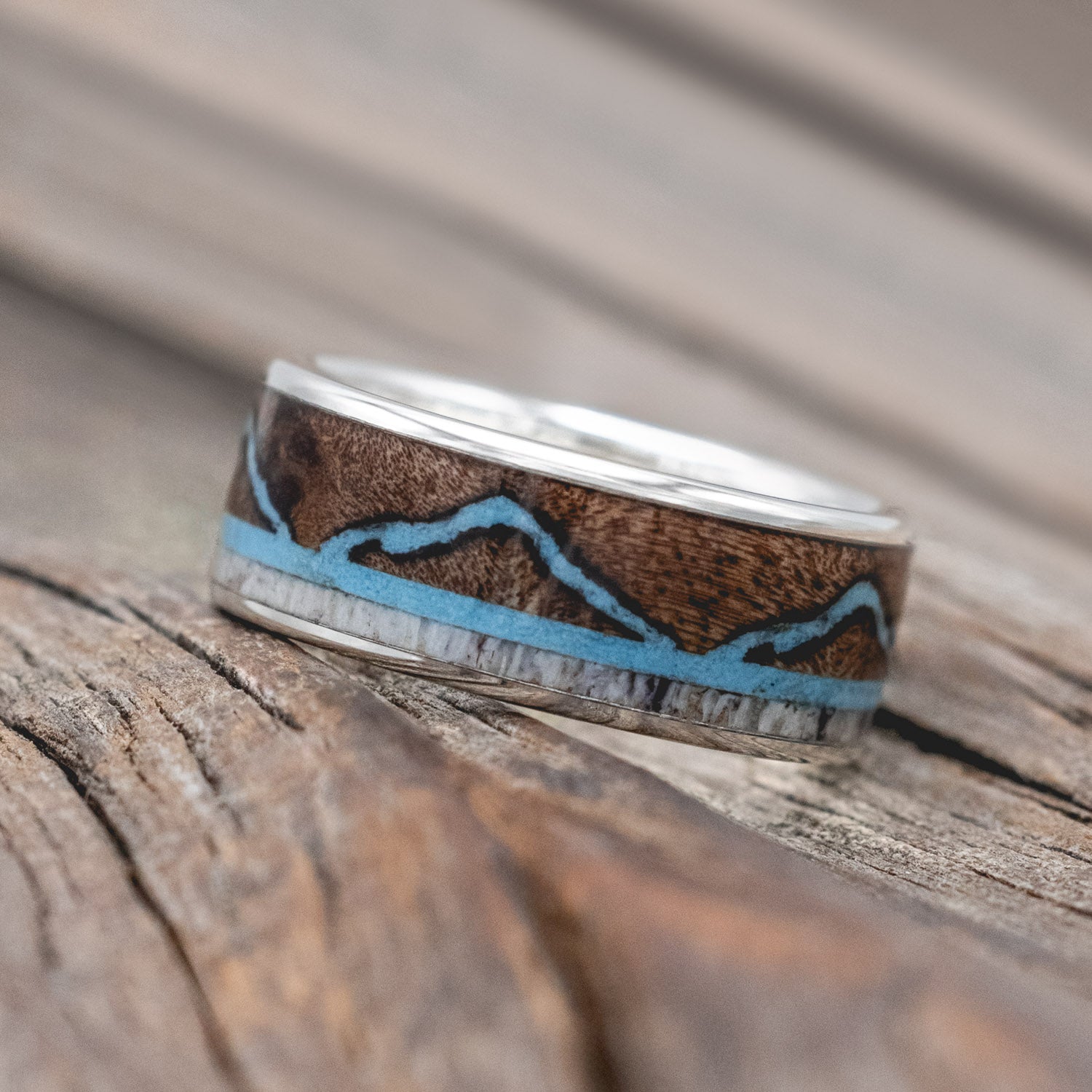 "THE EXPEDITION" - MOUNTAIN ENGRAVED WEDDING RING WITH ANTLER INLAY-Staghead Designs