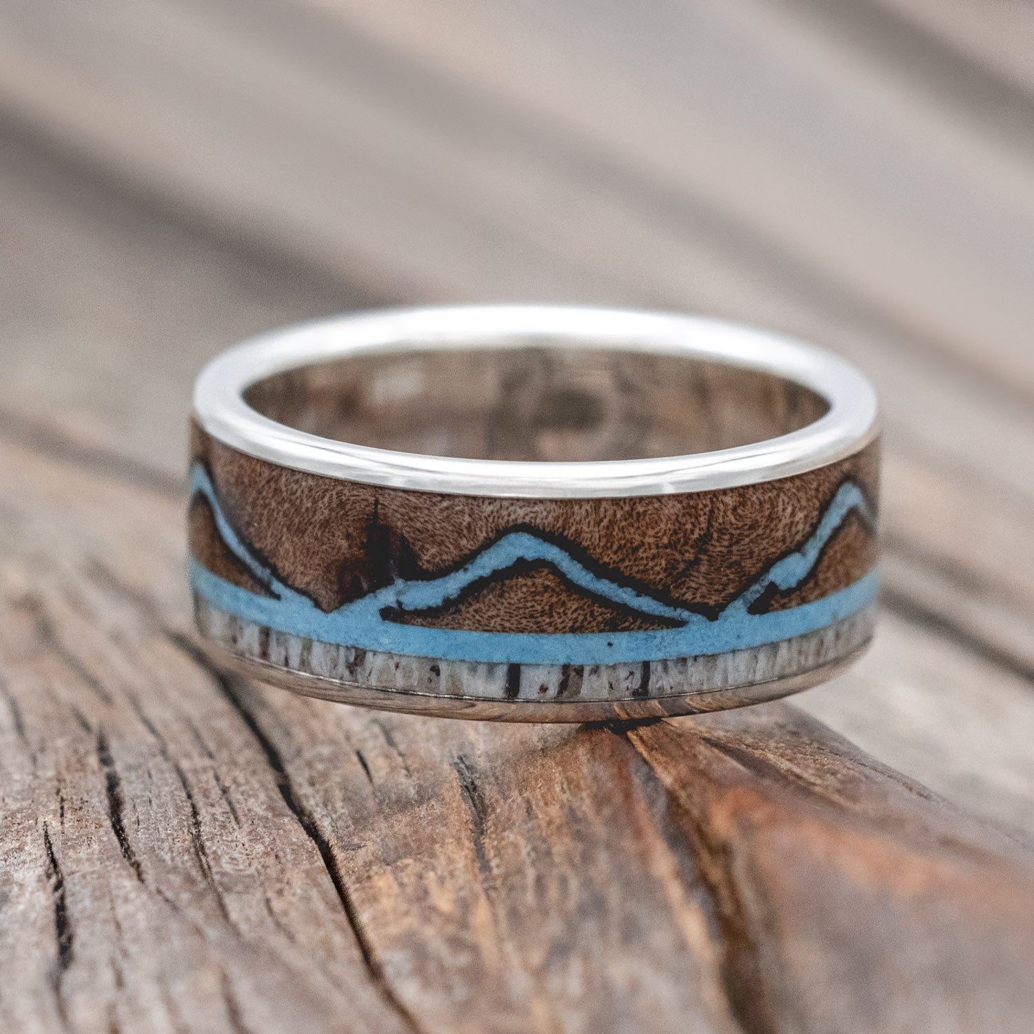 "THE EXPEDITION" - MOUNTAIN ENGRAVED WEDDING RING WITH ANTLER INLAY-Staghead Designs