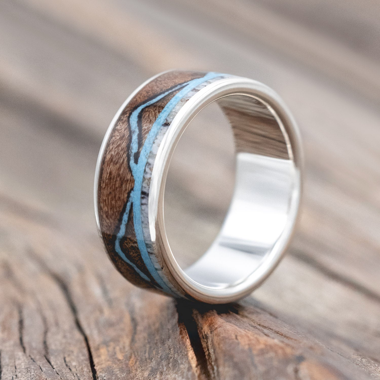 "THE EXPEDITION" - MOUNTAIN ENGRAVED WEDDING RING WITH ANTLER INLAY-Staghead Designs