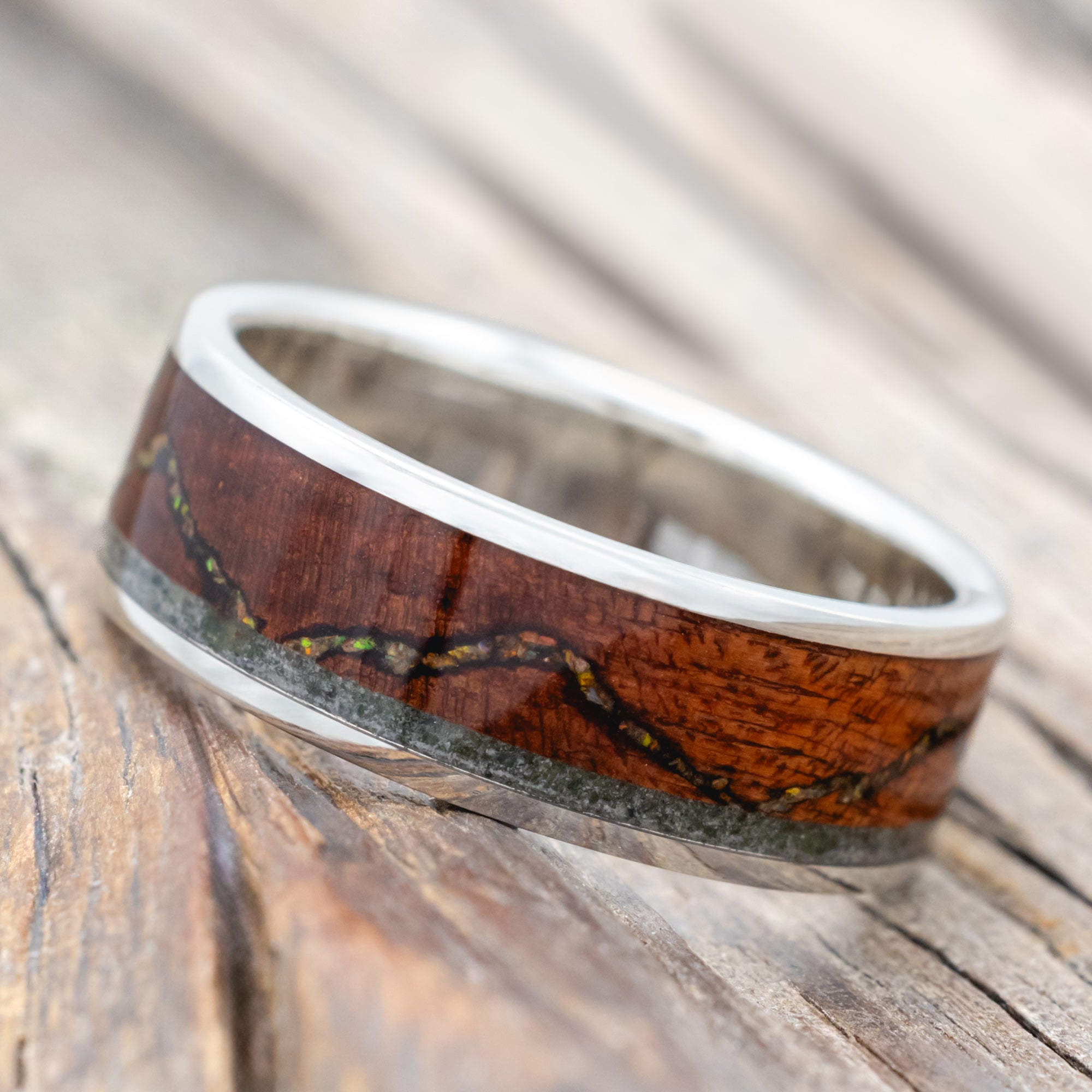 "THE EXPEDITION" - MOUNTAIN ENGRAVED WEDDING RING WITH FIRE & ICE OPAL, ROSEWOOD & MOSS AGATE-Staghead Designs
