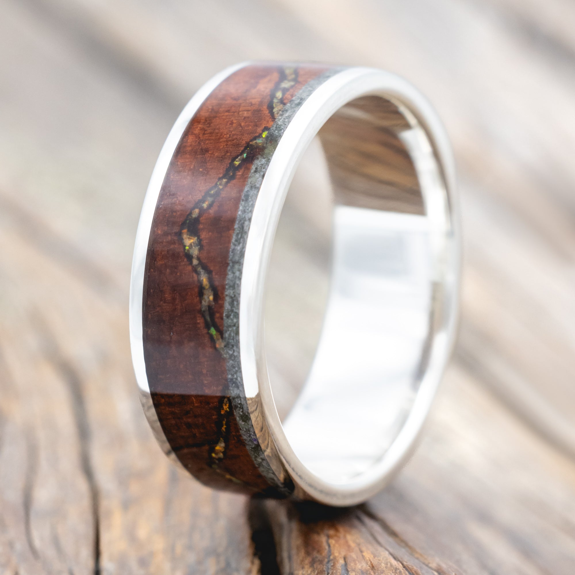 "THE EXPEDITION" - MOUNTAIN ENGRAVED WEDDING RING WITH FIRE & ICE OPAL, ROSEWOOD & MOSS AGATE-Staghead Designs