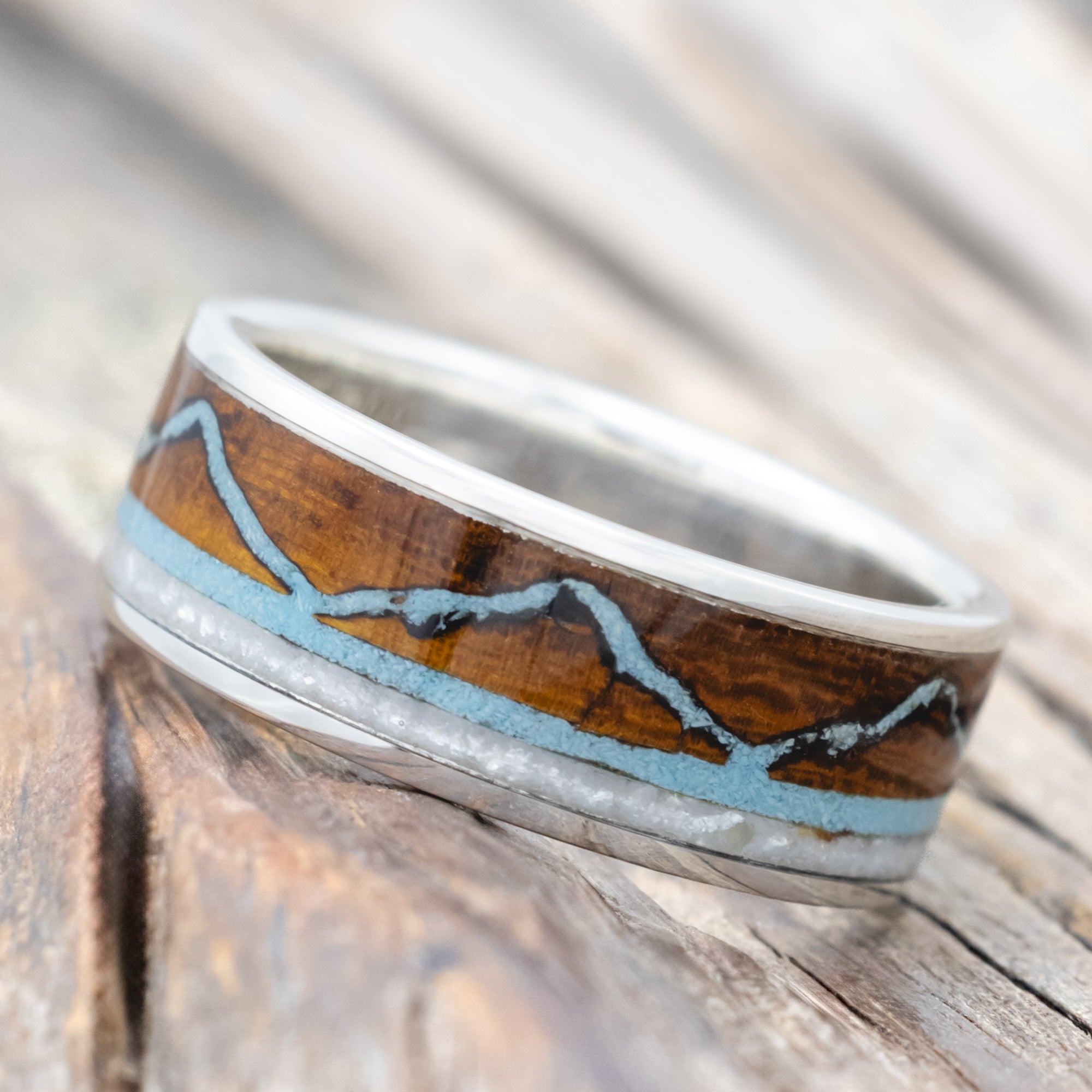 "THE EXPEDITION" - MOUNTAIN ENGRAVED WEDDING RING WITH IRONWOOD, TURQUOISE & DIAMOND DUST-Staghead Designs