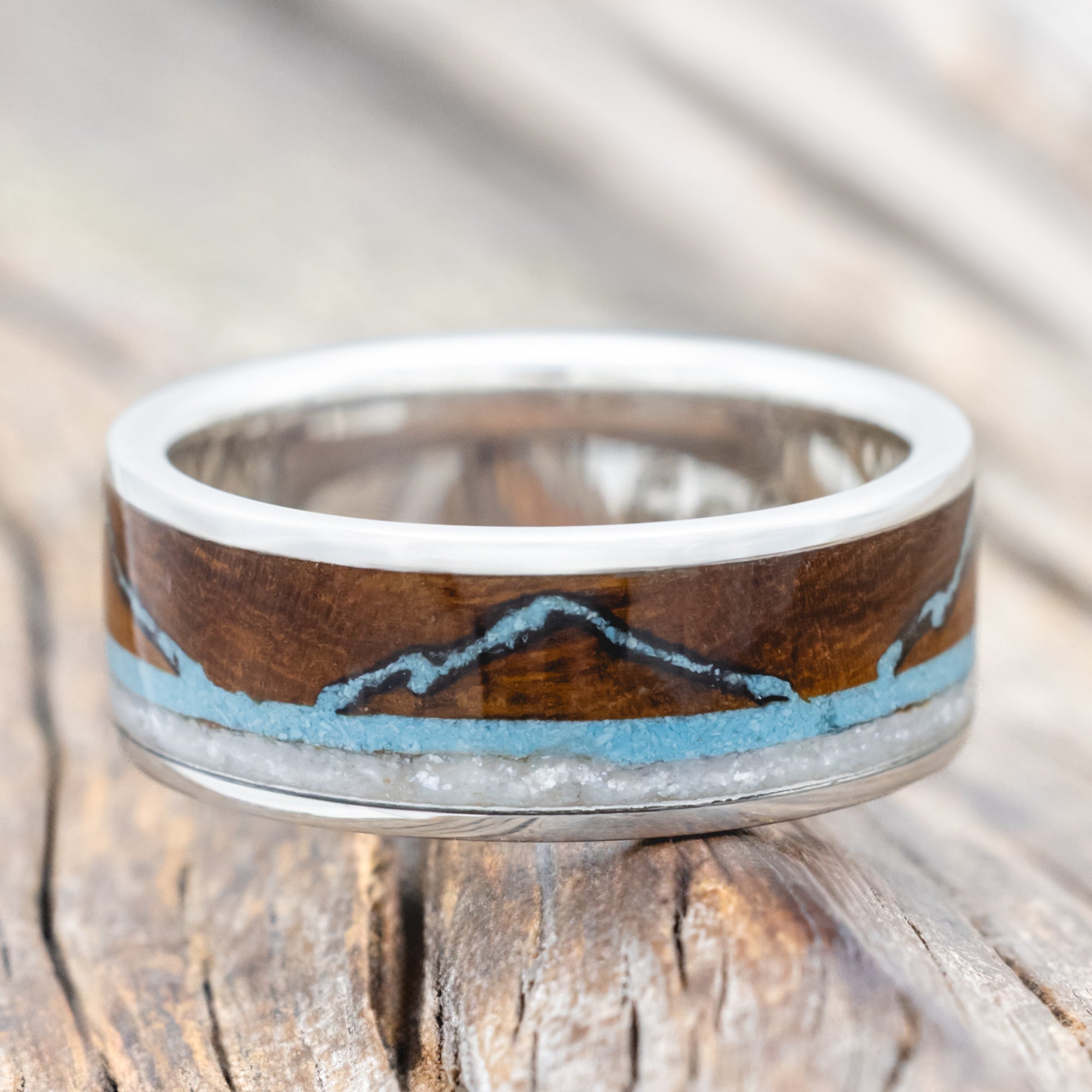 "THE EXPEDITION" - MOUNTAIN ENGRAVED WEDDING RING WITH IRONWOOD, TURQUOISE & DIAMOND DUST-Staghead Designs