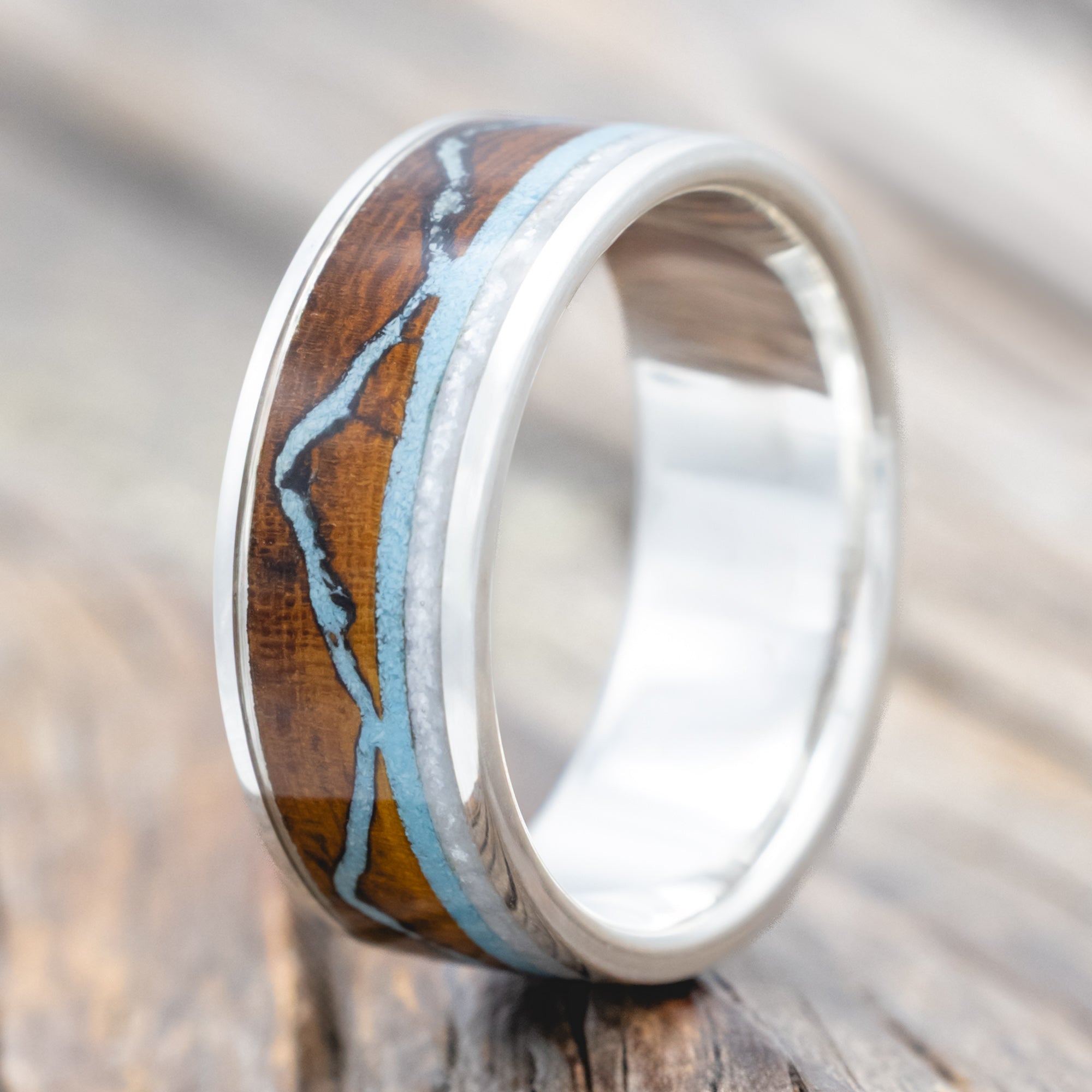 "THE EXPEDITION" - MOUNTAIN ENGRAVED WEDDING RING WITH IRONWOOD, TURQUOISE & DIAMOND DUST-Staghead Designs