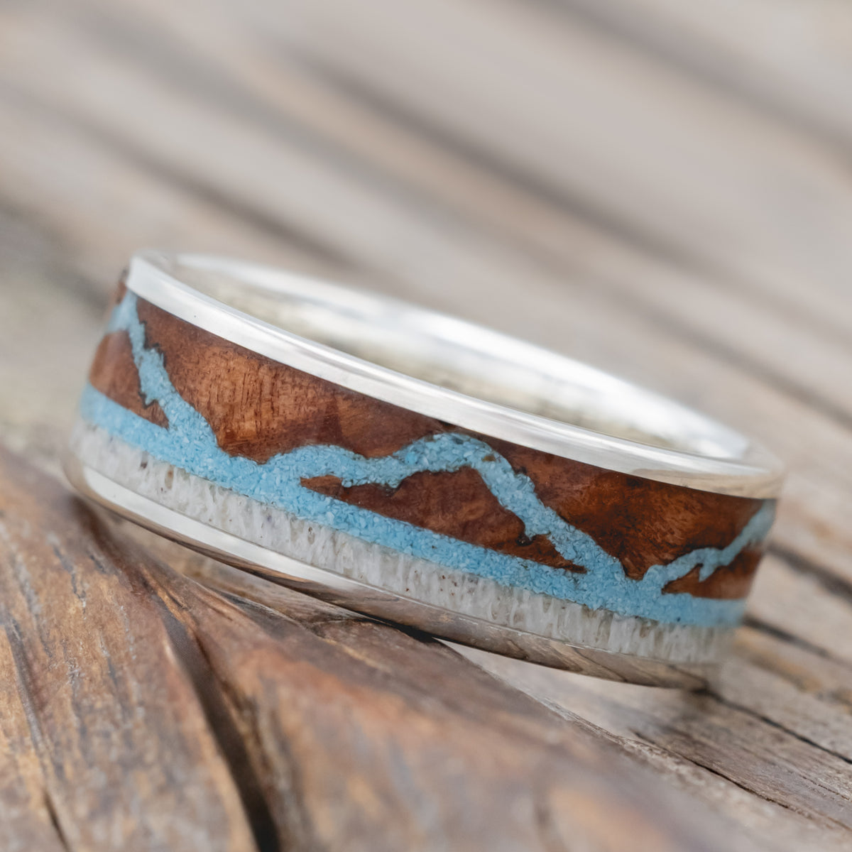 "The Expedition" - Mountain Engraved Wedding Ring With Redwood, Turquoise & Antler-Staghead Designs