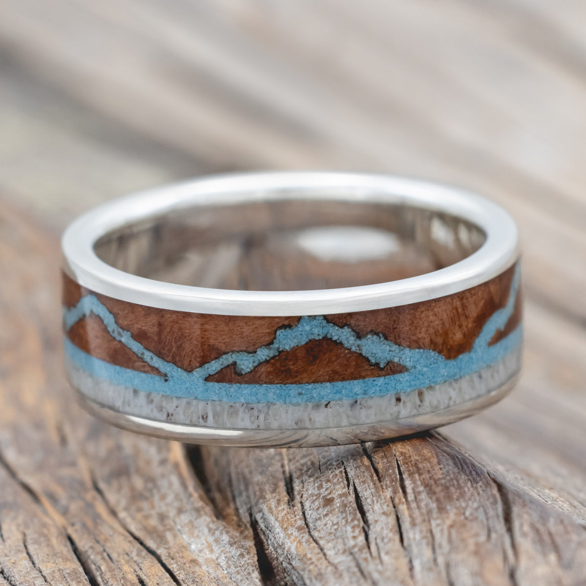 "The Expedition" - Mountain Engraved Wedding Ring With Redwood, Turquoise & Antler-Staghead Designs