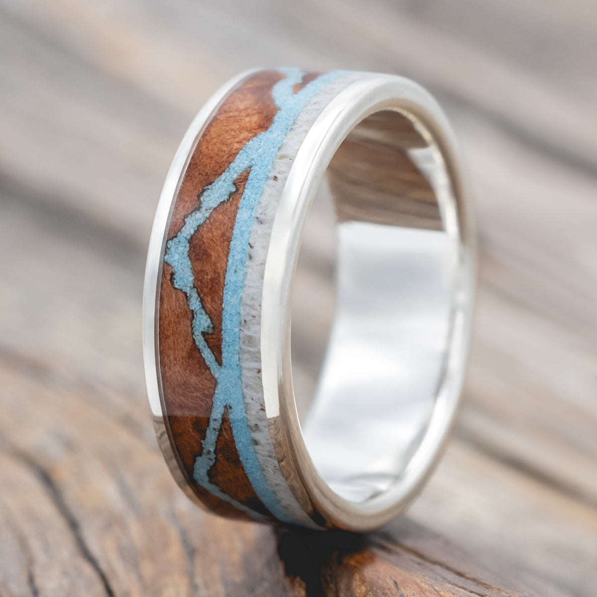 "The Expedition" - Mountain Engraved Wedding Ring With Redwood, Turquoise & Antler-Staghead Designs