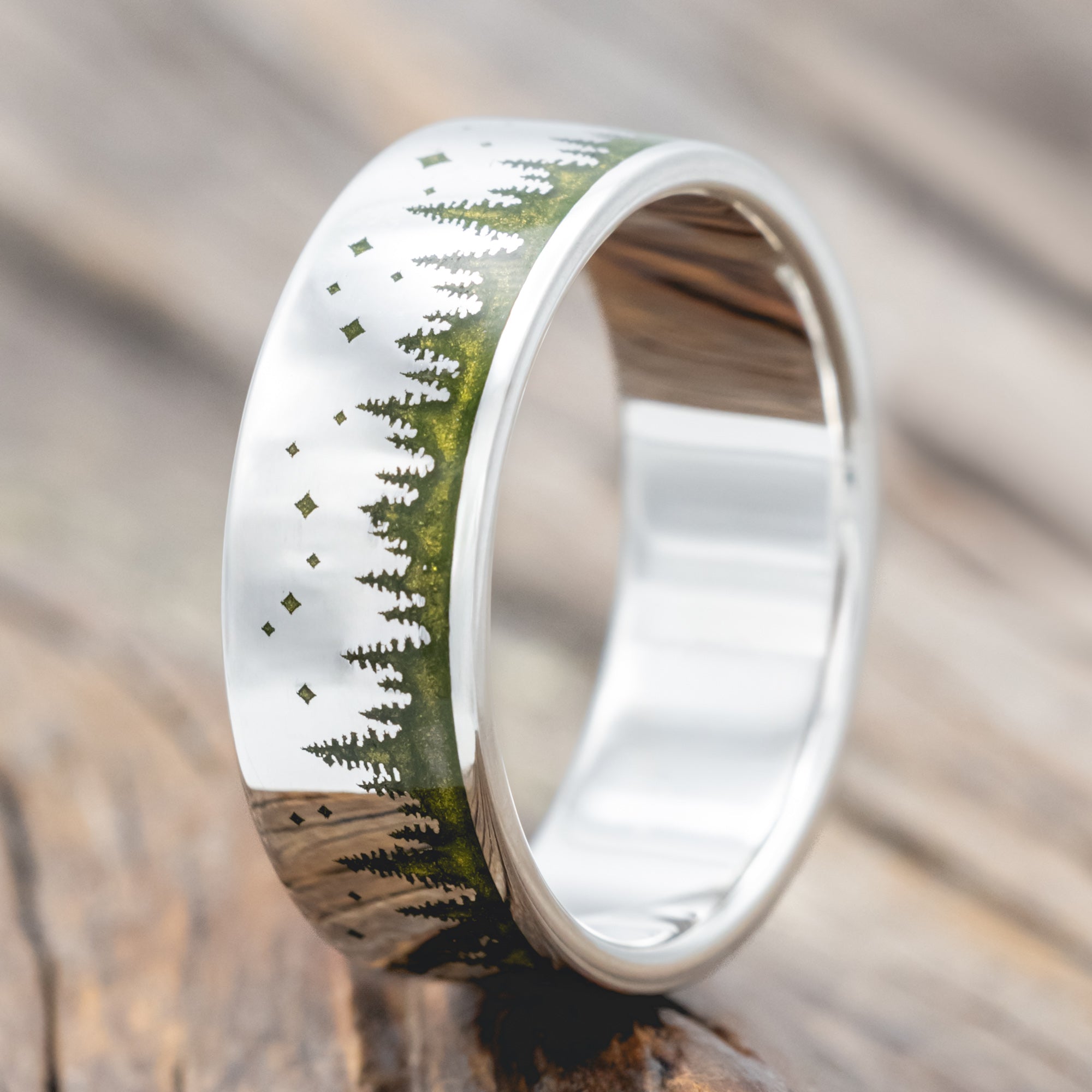 "TIMBERLINE" - TREE AND STARRY NIGHT ENGRAVED WEDDING RING WITH MYSTIC MOSS-Staghead Designs
