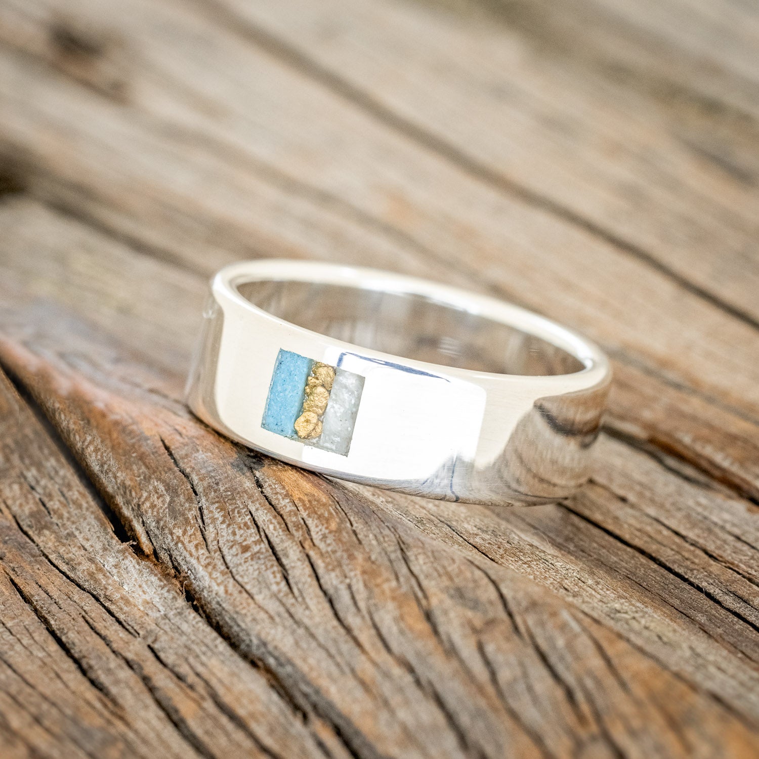 TURQUOISE, GOLD NUGGETS & DIAMOND DUST WEDDING BAND-5