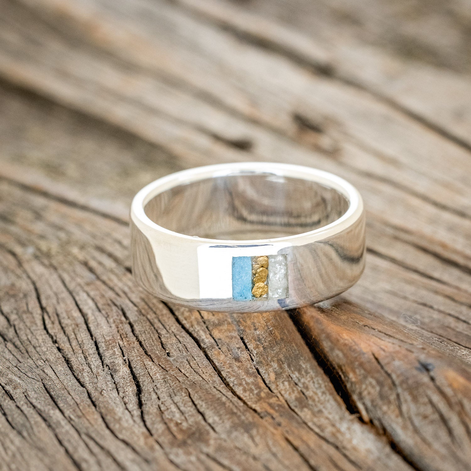 TURQUOISE, GOLD NUGGETS & DIAMOND DUST WEDDING BAND-6