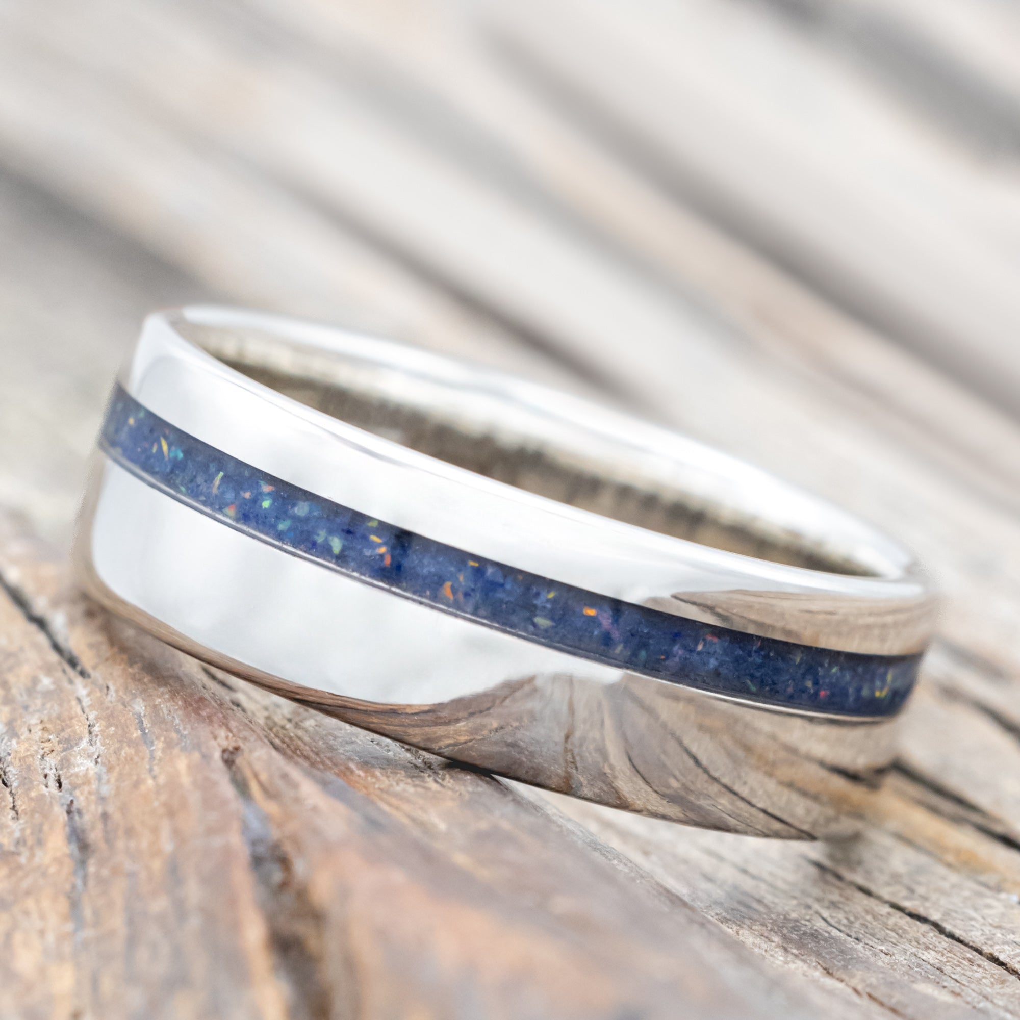 "VERTIGO" - MIXED LAPIS LAZULI & FIRE AND ICE OPAL WEDDING BAND-Staghead Designs