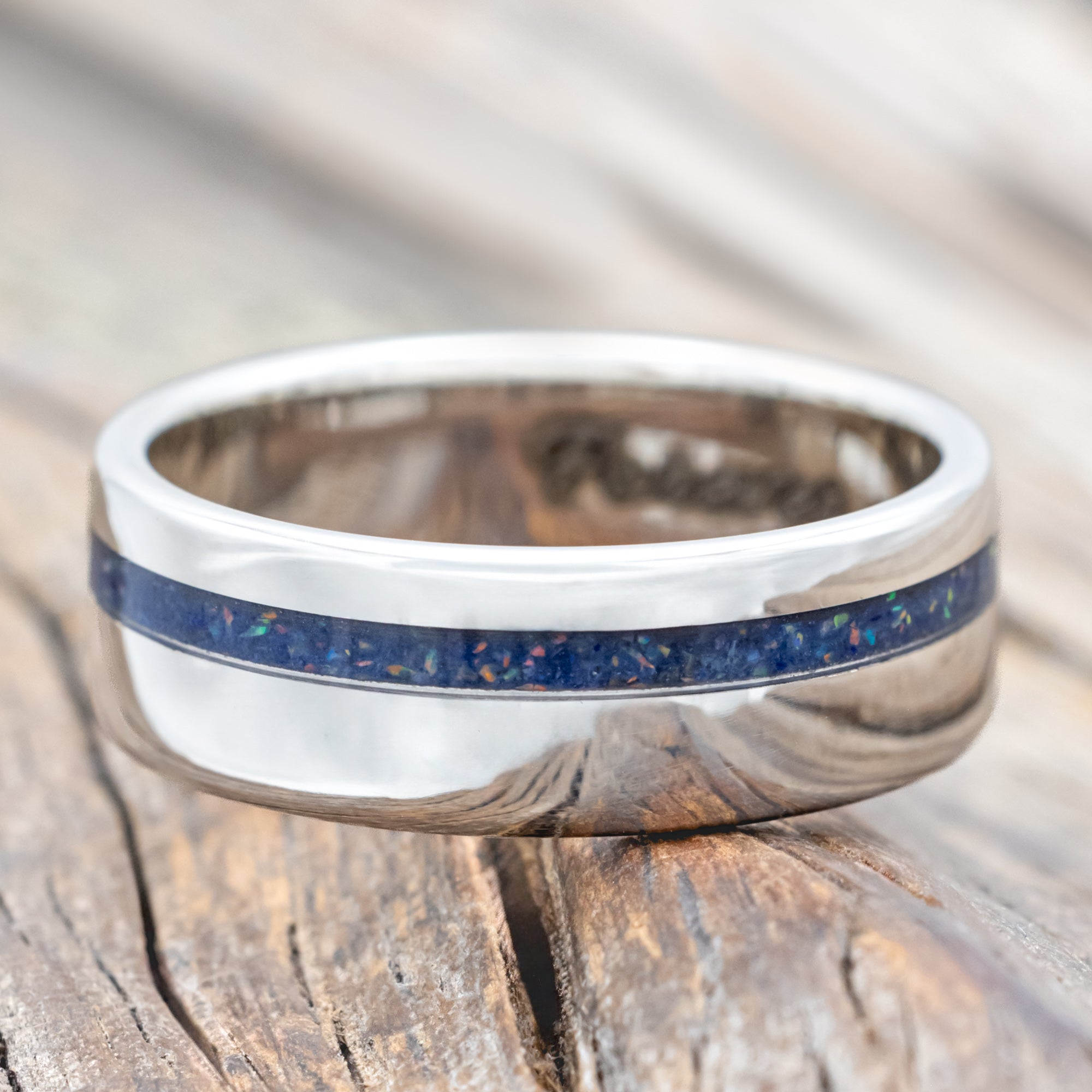 "VERTIGO" - MIXED LAPIS LAZULI & FIRE AND ICE OPAL WEDDING BAND-Staghead Designs
