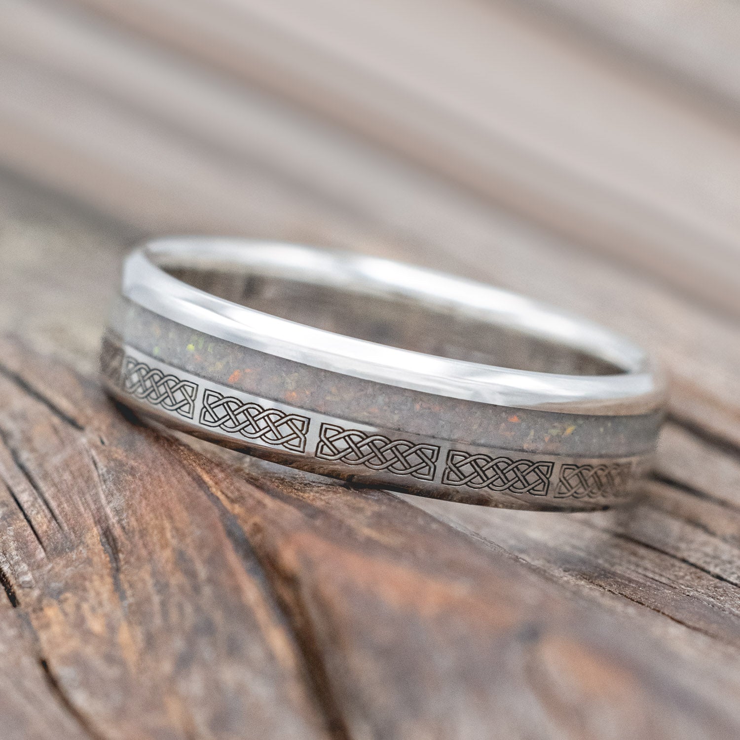 "VERTIGO" - CELTIC SAILOR'S KNOT ENGRAVED WITH FIRE & ICE OPAL WEDDING RING-Staghead Designs