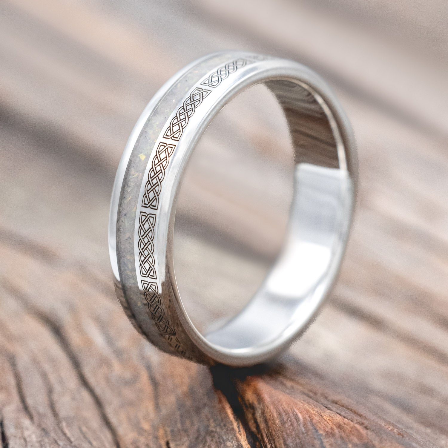 "VERTIGO" - CELTIC SAILOR'S KNOT ENGRAVED WITH FIRE & ICE OPAL WEDDING RING-Staghead Designs