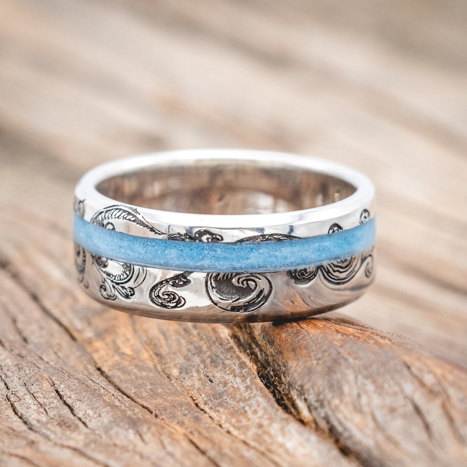 "VERTIGO" - FLORAL ENGRAVED TURQUOISE WEDDING RING-Staghead Designs