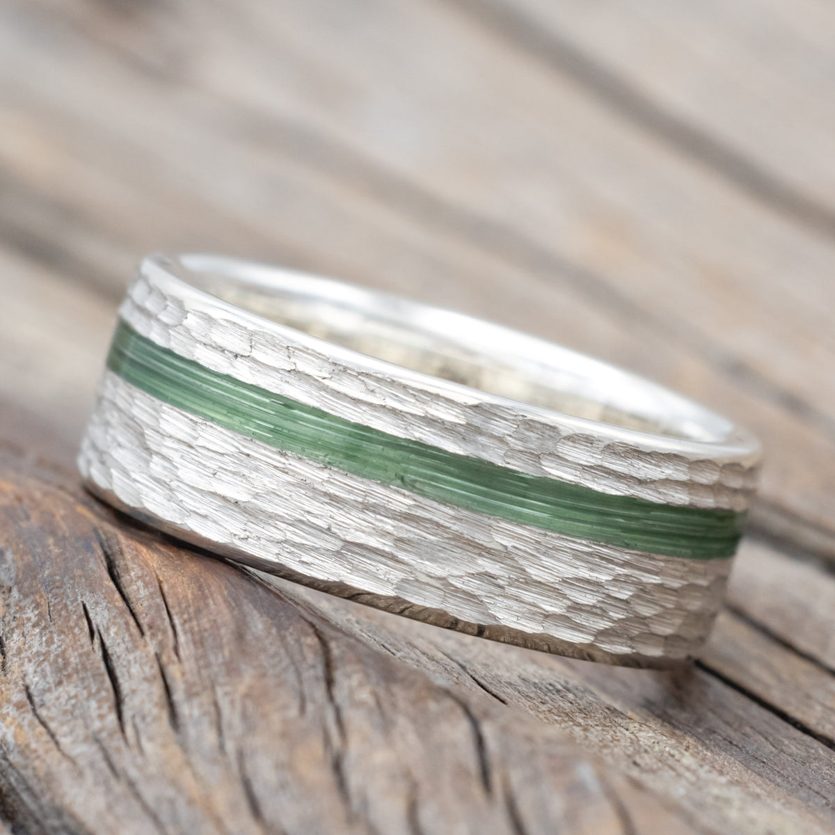 "Vertigo" - Hammered Wedding Band With Fishing Line Inlays-Staghead Designs