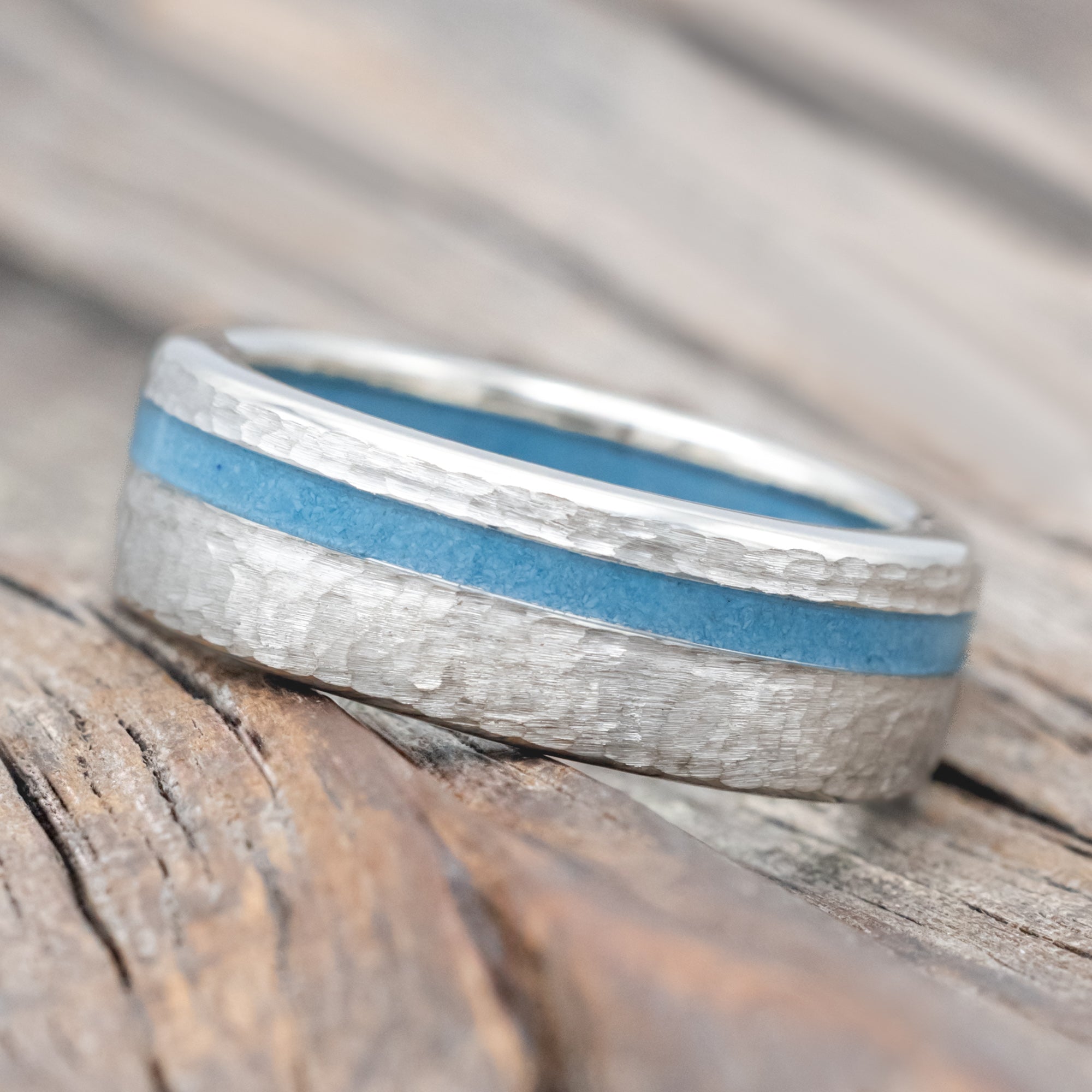 "VERTIGO" - TURQUOISE INLAY & LINED WEDDING BAND WITH A HAMMERED FINISH-Staghead Designs