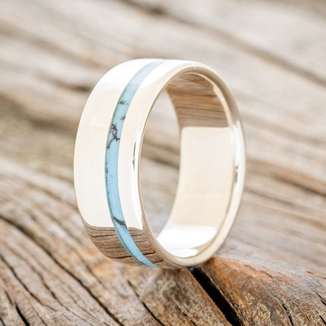 "VERTIGO" - TURQUOISE & BLACK MATRIX TRUSTONE INLAY WEDDING BAND-1