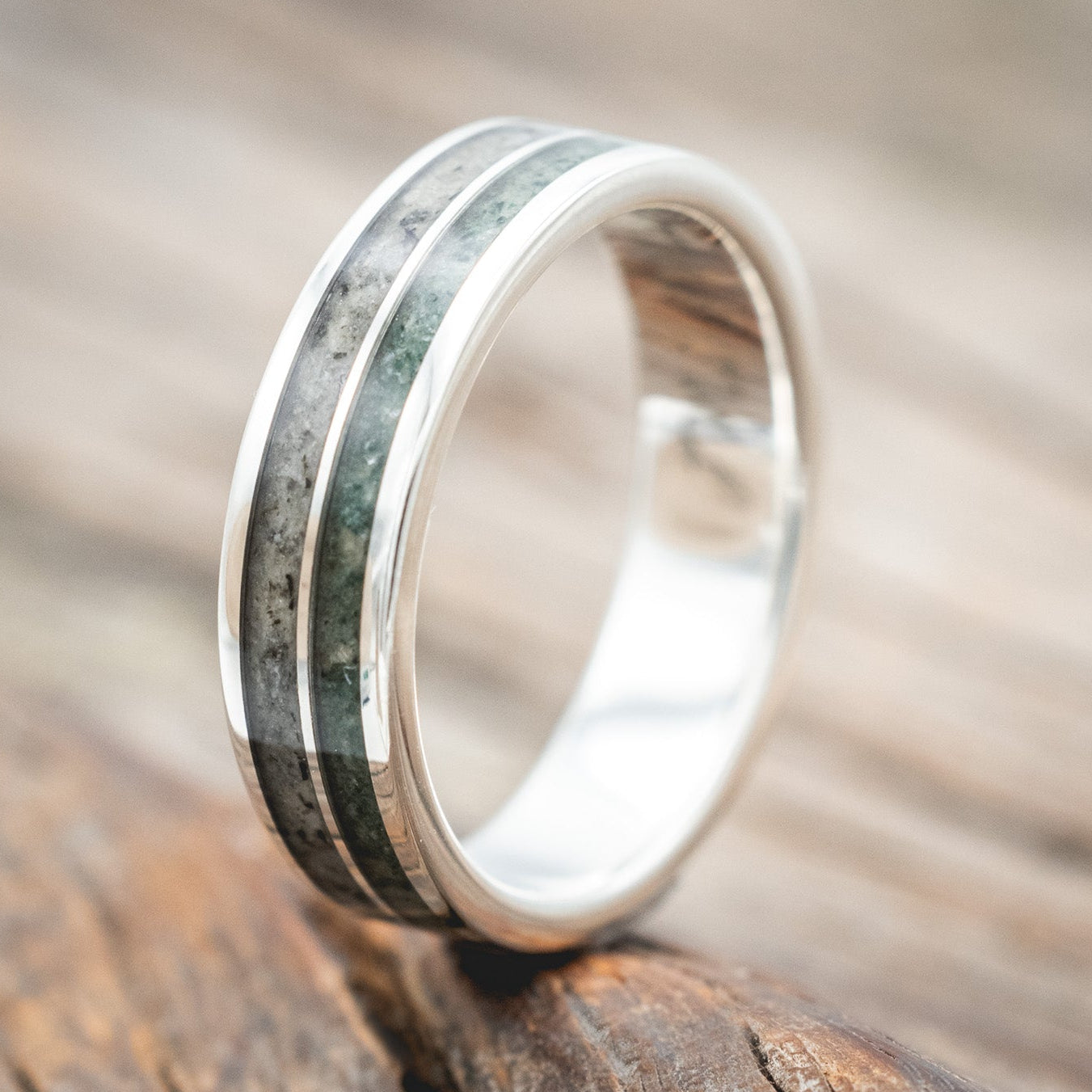 "DYAD" - MOSS AGATE & MOONSTONE WEDDING BAND-Staghead Designs