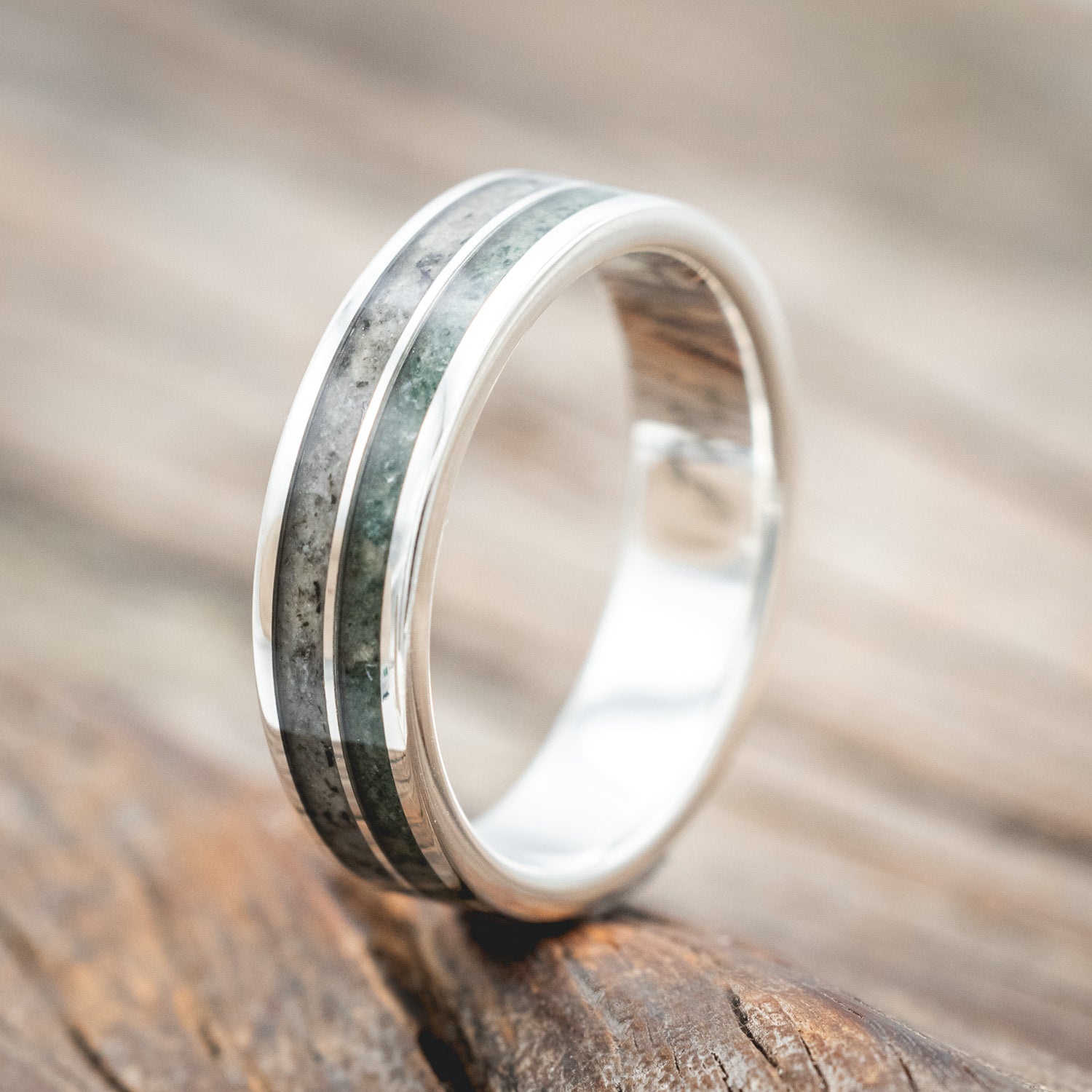 "DYAD" - MOSS AGATE & MOONSTONE WEDDING BAND-Staghead Designs
