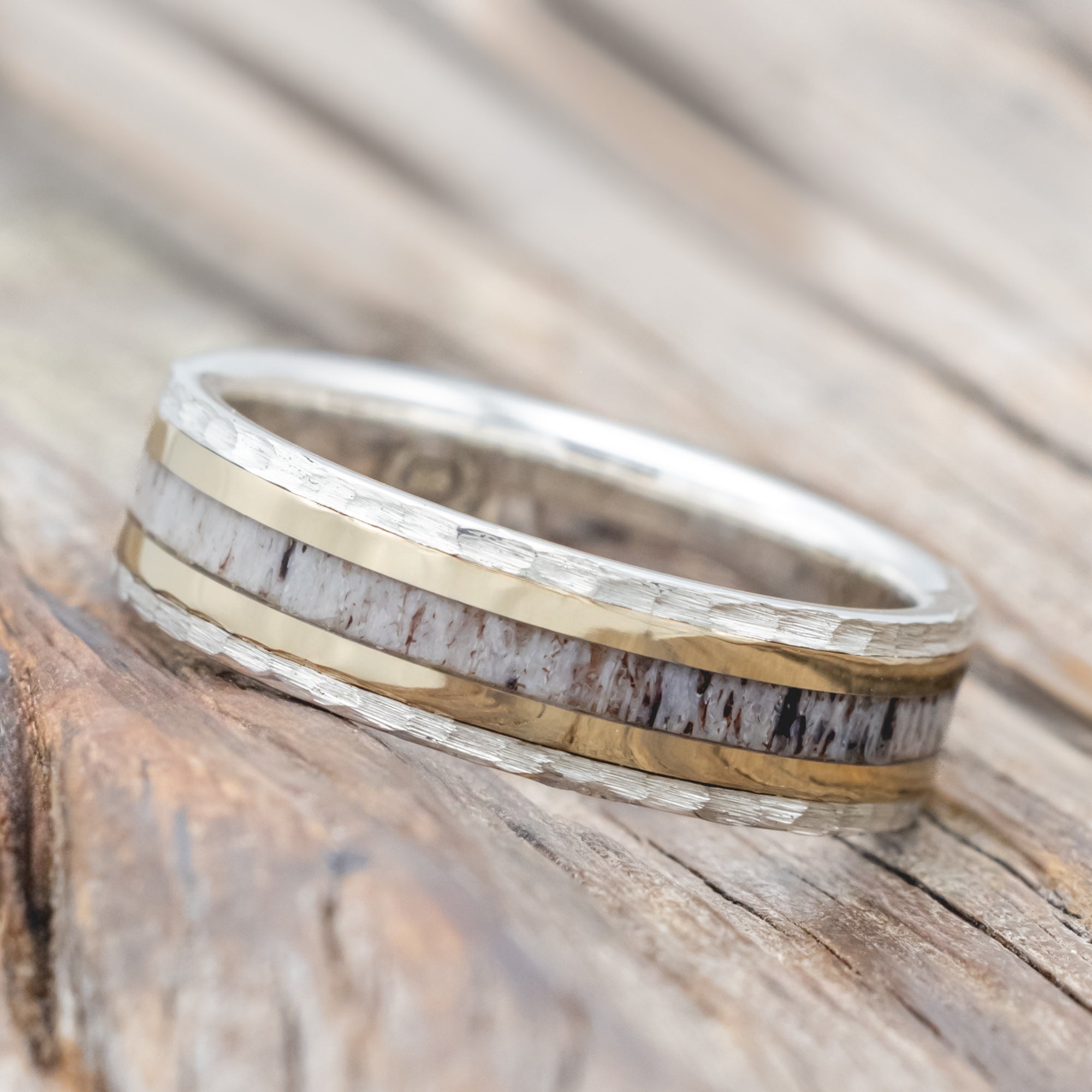 "HOLLIS" - ANTLER & 14K YELLOW GOLD INLAYS WEDDING RING WITH A HAMMERED FINISH-Staghead Designs