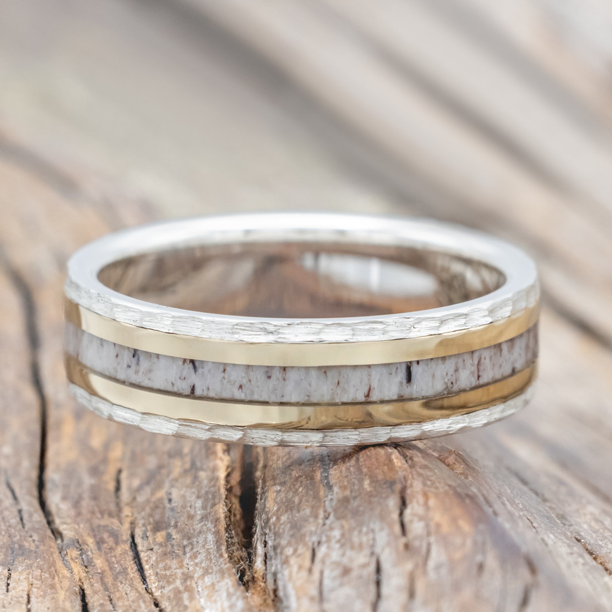 "HOLLIS" - ANTLER & 14K YELLOW GOLD INLAYS WEDDING RING WITH A HAMMERED FINISH-Staghead Designs