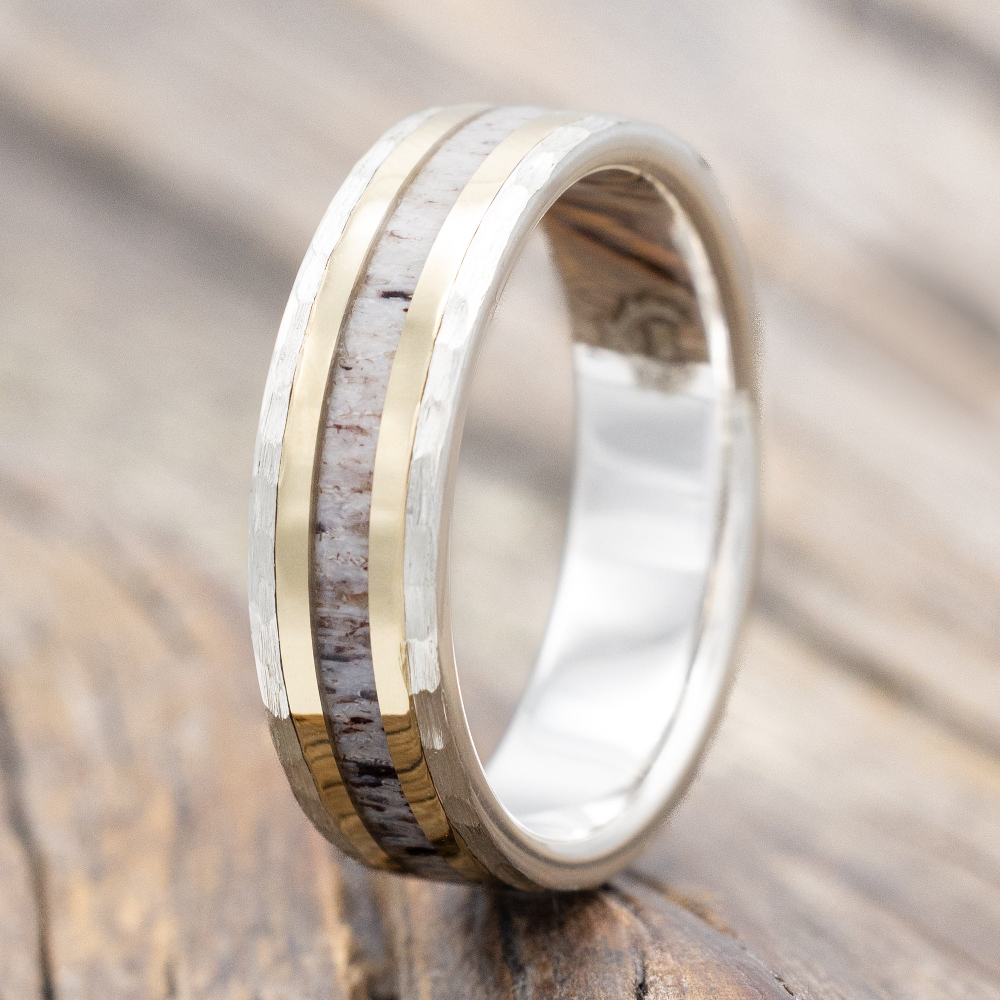 "HOLLIS" - ANTLER & 14K YELLOW GOLD INLAYS WEDDING RING WITH A HAMMERED FINISH-Staghead Designs