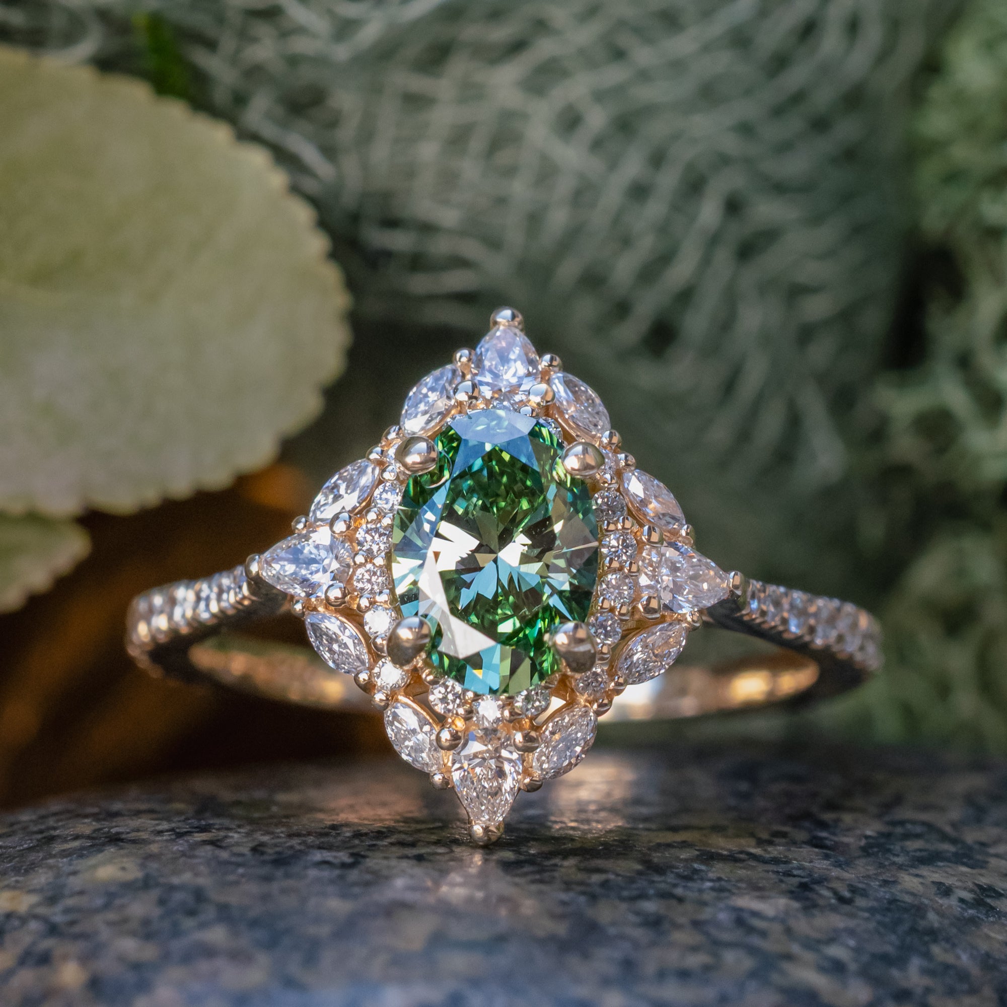 ONE-OF-A-KIND - "NORTH STAR" - OVAL CUT LAB-GROWN GREEN DIAMOND ENGAGEMENT RING WITH A DIAMOND HALO & ACCENTS-Staghead Designs