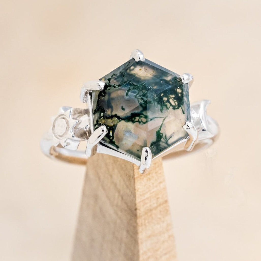 "SOLLÚA" - HEXAGON MOSS AGATE ENGAGEMENT RING WITH SUN & CRESCENT MOON ACCENTS-1
