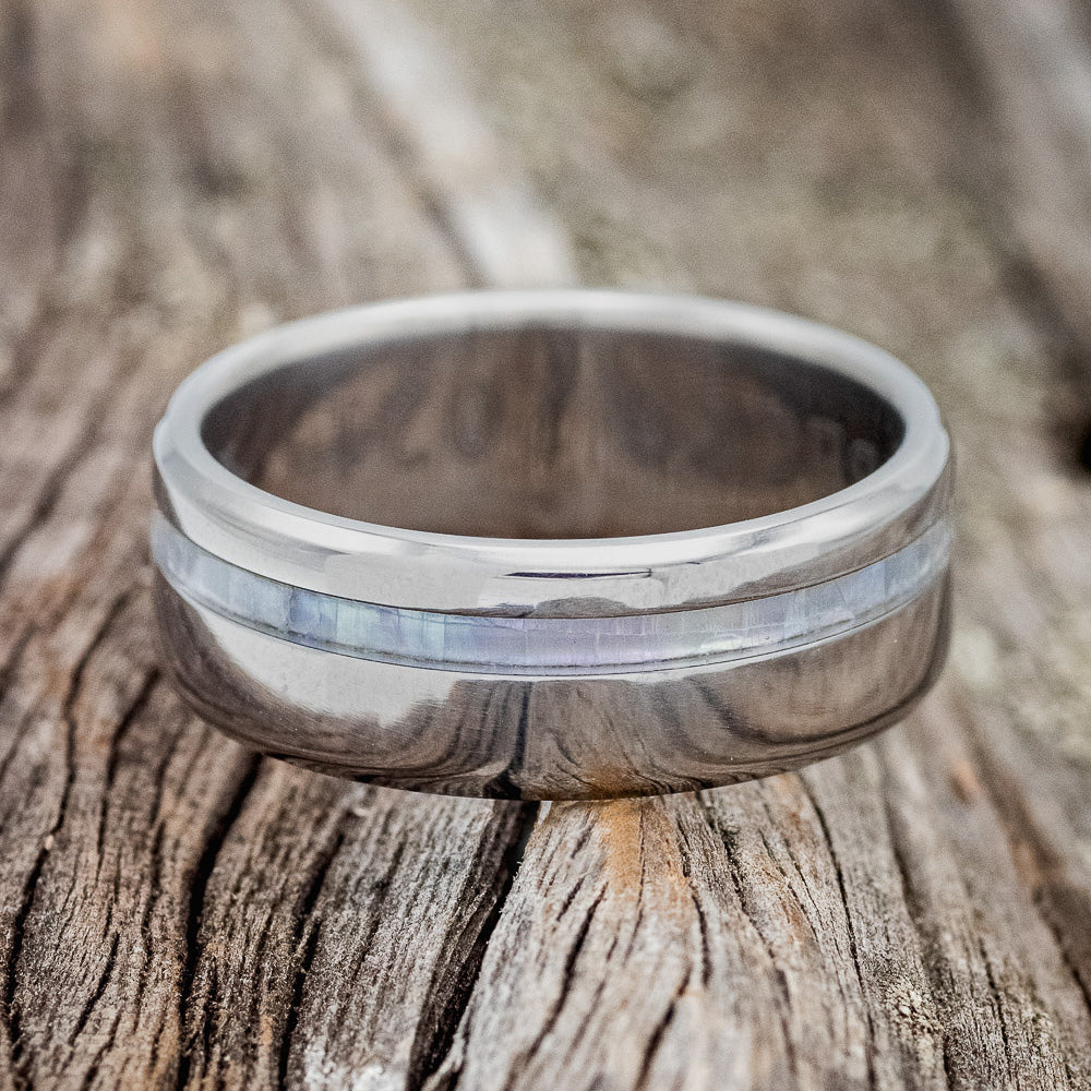 "VERTIGO" - MOTHER OF PEARL INLAY WEDDING BAND - TITANIUM - SIZE 10.5-Staghead Designs