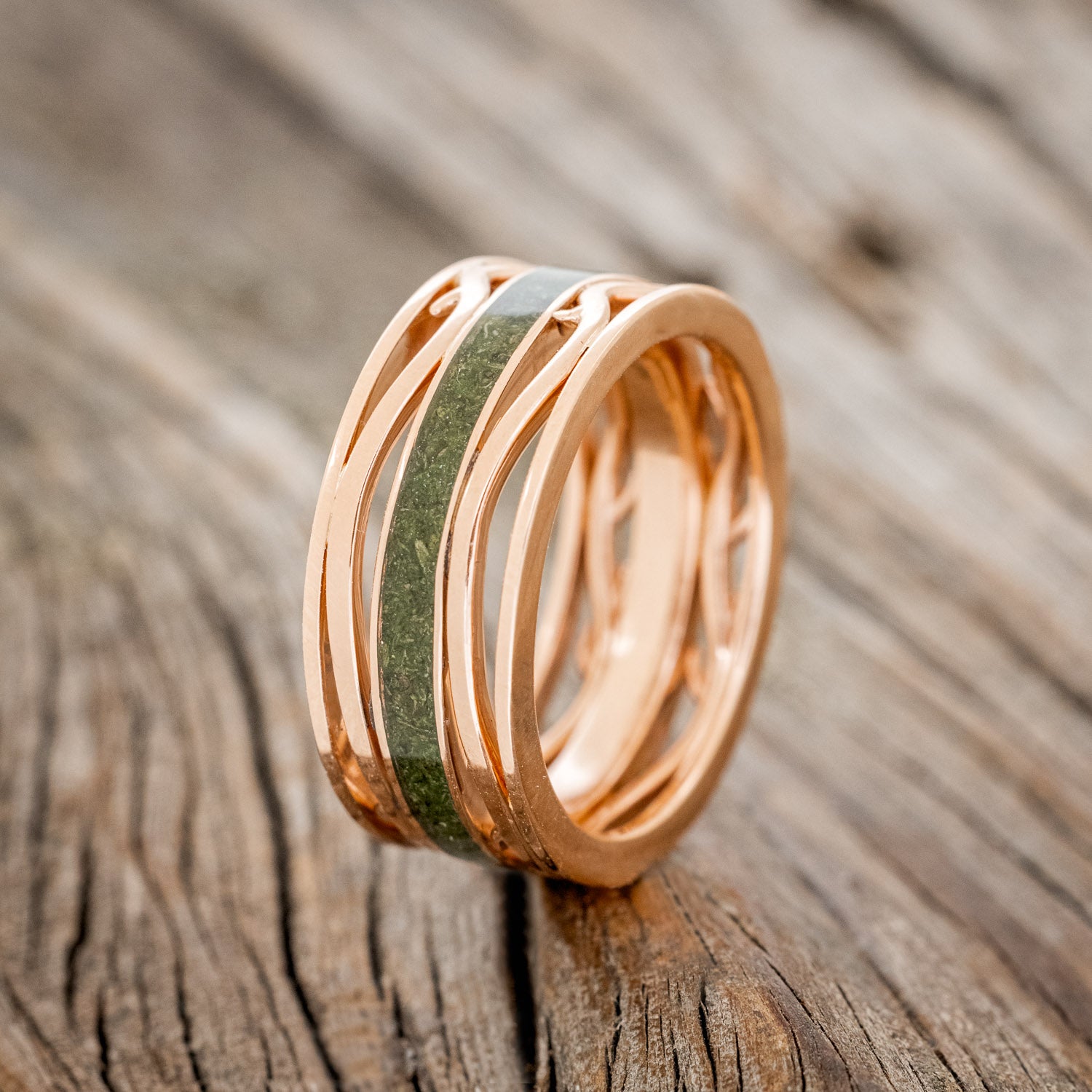 MATCHING SET OF "ARTEMIS ON THE VINE" MOSS AGATE & MEN'S "ARTEMIS" MOSS INLAY WEDDING RINGS-14