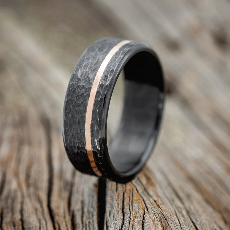 "VERTIGO" - 14K YELLOW GOLD INLAY WEDDING RING FEATURING A HAMMERED FINISH - BLACK ZIRCONIUM - SIZE 9-1