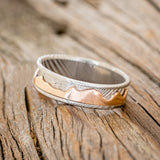 "REVOLUTION" - 14K ROSE GOLD MOUNTAIN SPINNER WEDDING RING - DAMASCUS STEEL - SIZE 10 1/2-1