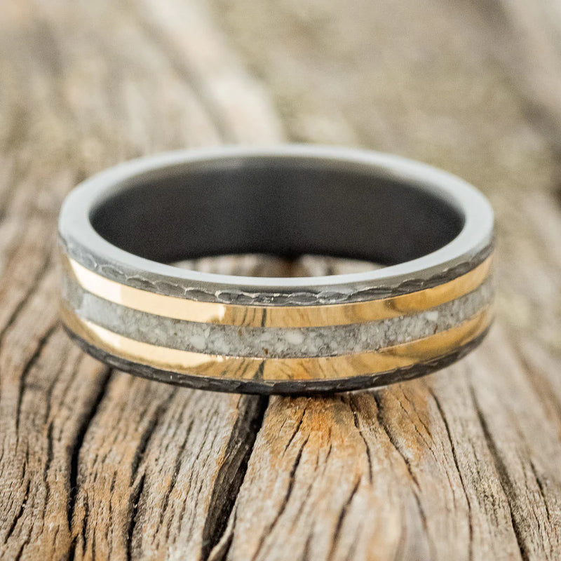 "HOLLIS" - ELK TOOTH IVORY & 14K YELLOW GOLD INLAYS WEDDING RING - BLACK ZIRCONIUM 6mm - SIZE 11-3