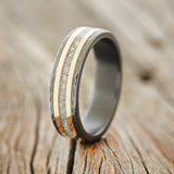 "HOLLIS" - ELK TOOTH IVORY & 14K YELLOW GOLD INLAYS WEDDING RING - BLACK ZIRCONIUM 6mm - SIZE 11-1