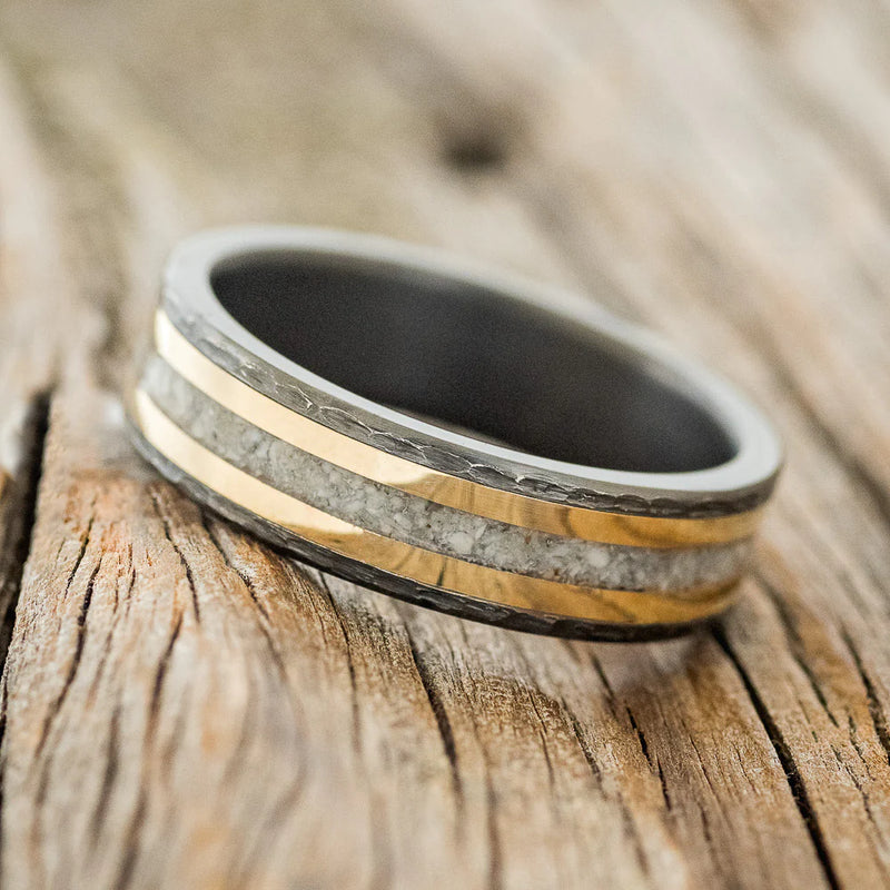 "HOLLIS" - ELK TOOTH IVORY & 14K YELLOW GOLD INLAYS WEDDING RING - BLACK ZIRCONIUM 6mm - SIZE 11-2