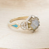 "LUCY IN THE SKY" - HEXAGON LABRADORITE ENGAGEMENT RING WITH DIAMOND ACCENTS & TURQUOISE INLAYS - 14K WHITE GOLD - SIZE 6-2