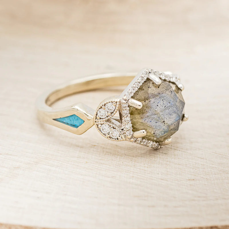 "LUCY IN THE SKY" - HEXAGON LABRADORITE ENGAGEMENT RING WITH DIAMOND ACCENTS & TURQUOISE INLAYS - 14K WHITE GOLD - SIZE 6-2