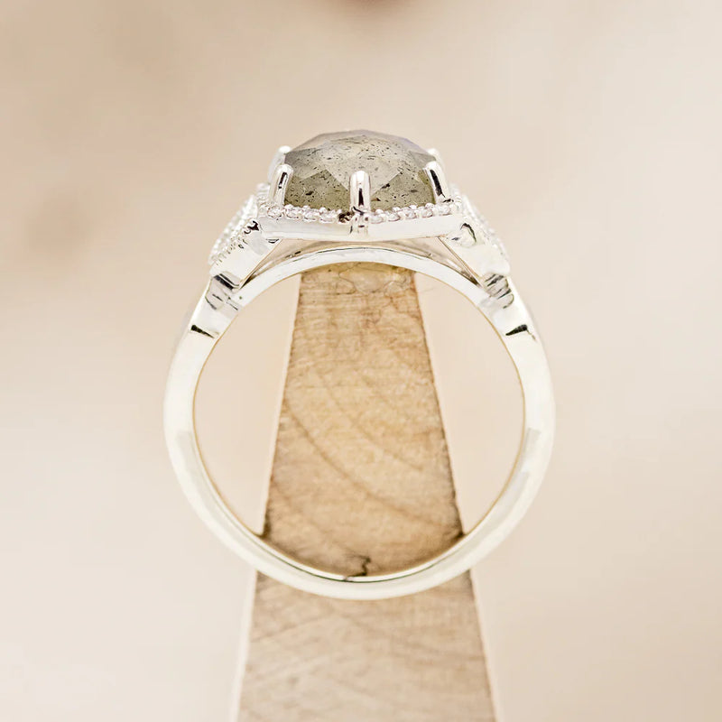 "LUCY IN THE SKY" - HEXAGON LABRADORITE ENGAGEMENT RING WITH DIAMOND ACCENTS & TURQUOISE INLAYS - 14K WHITE GOLD - SIZE 6-6