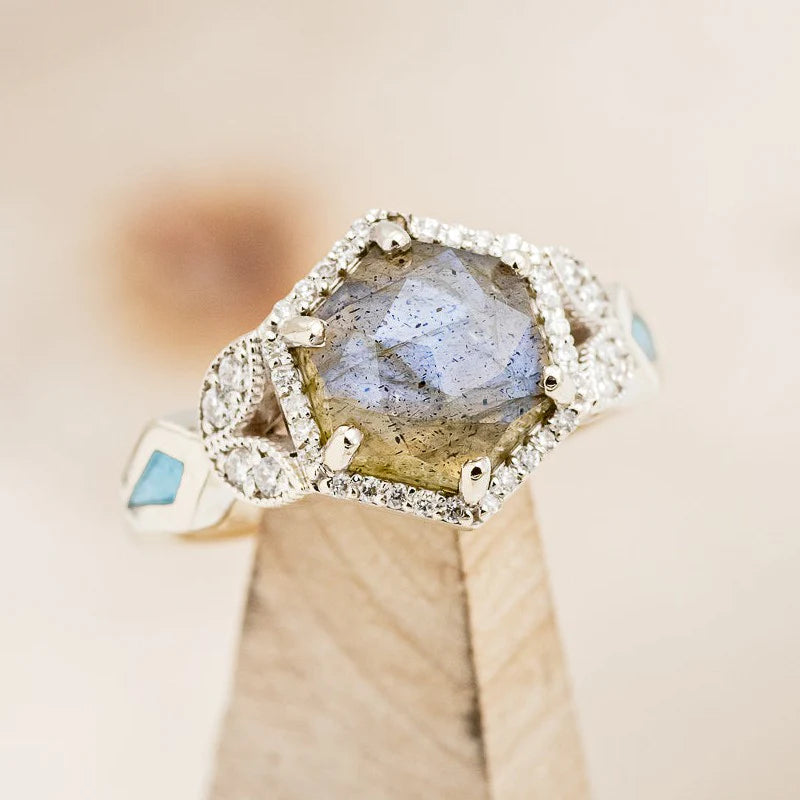 "LUCY IN THE SKY" - HEXAGON LABRADORITE ENGAGEMENT RING WITH DIAMOND ACCENTS & TURQUOISE INLAYS - 14K WHITE GOLD - SIZE 6-1