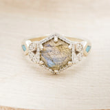 "LUCY IN THE SKY" - HEXAGON LABRADORITE ENGAGEMENT RING WITH DIAMOND ACCENTS & TURQUOISE INLAYS - 14K WHITE GOLD - SIZE 6-4