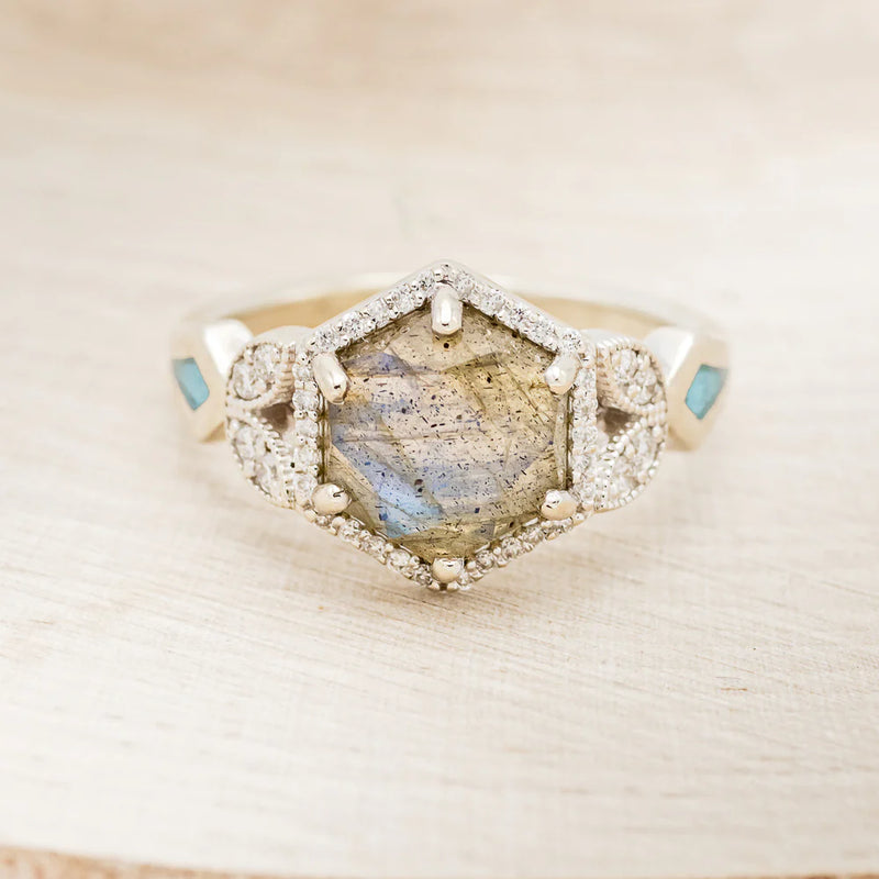 "LUCY IN THE SKY" - HEXAGON LABRADORITE ENGAGEMENT RING WITH DIAMOND ACCENTS & TURQUOISE INLAYS - 14K WHITE GOLD - SIZE 6-4