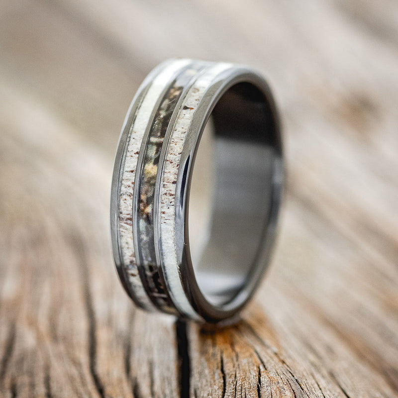 "RIO" - ANTLER & CAMO WEDDING BAND - BLACK ZIRCONIUM - SIZE 9-1