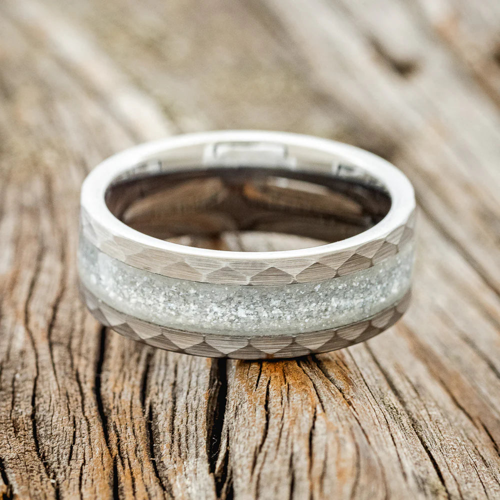 "APOLLO" - FACETED TUNGSTEN WEDDING BAND WITH DIAMOND DUST INLAY - TUNGSTEN - SIZE 7-Staghead Designs