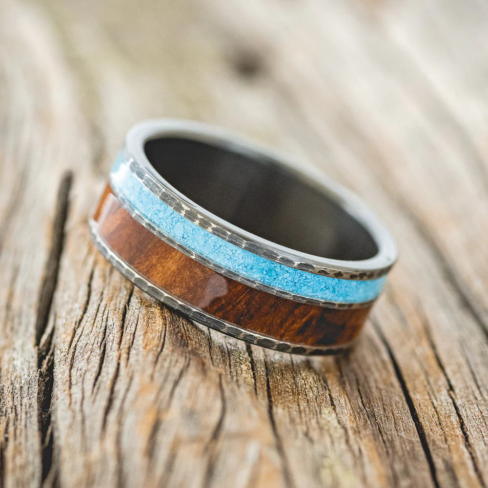 "RAPTOR" - REDWOOD & TURQUOISE WEDDING RING FEATURING A HAMMERED BAND - BLACK ZIRCONIUM - SIZE 11-3