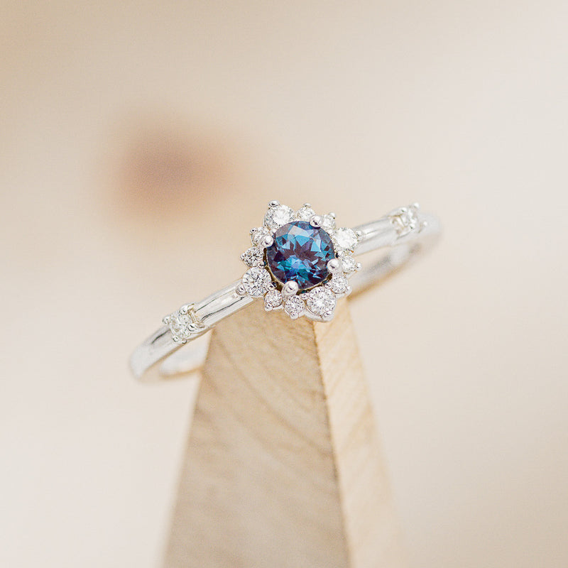 "STARLA" - ROUND CUT LAB-GROWN ALEXANDRITE ENGAGEMENT RING WITH STARBURST DIAMOND HALO & TRACER-6