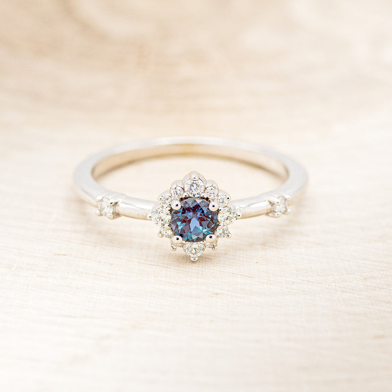 "STARLA" - ROUND CUT LAB-GROWN ALEXANDRITE ENGAGEMENT RING WITH STARBURST DIAMOND HALO & TRACER-9