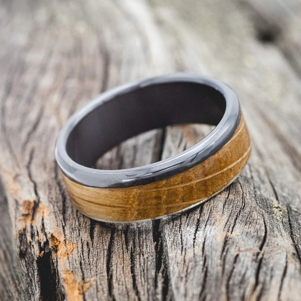 "EZRA" - WHISKEY BARREL OAK WEDDING BAND - BLACK ZIRCONIUM - SIZE 8-Staghead Designs